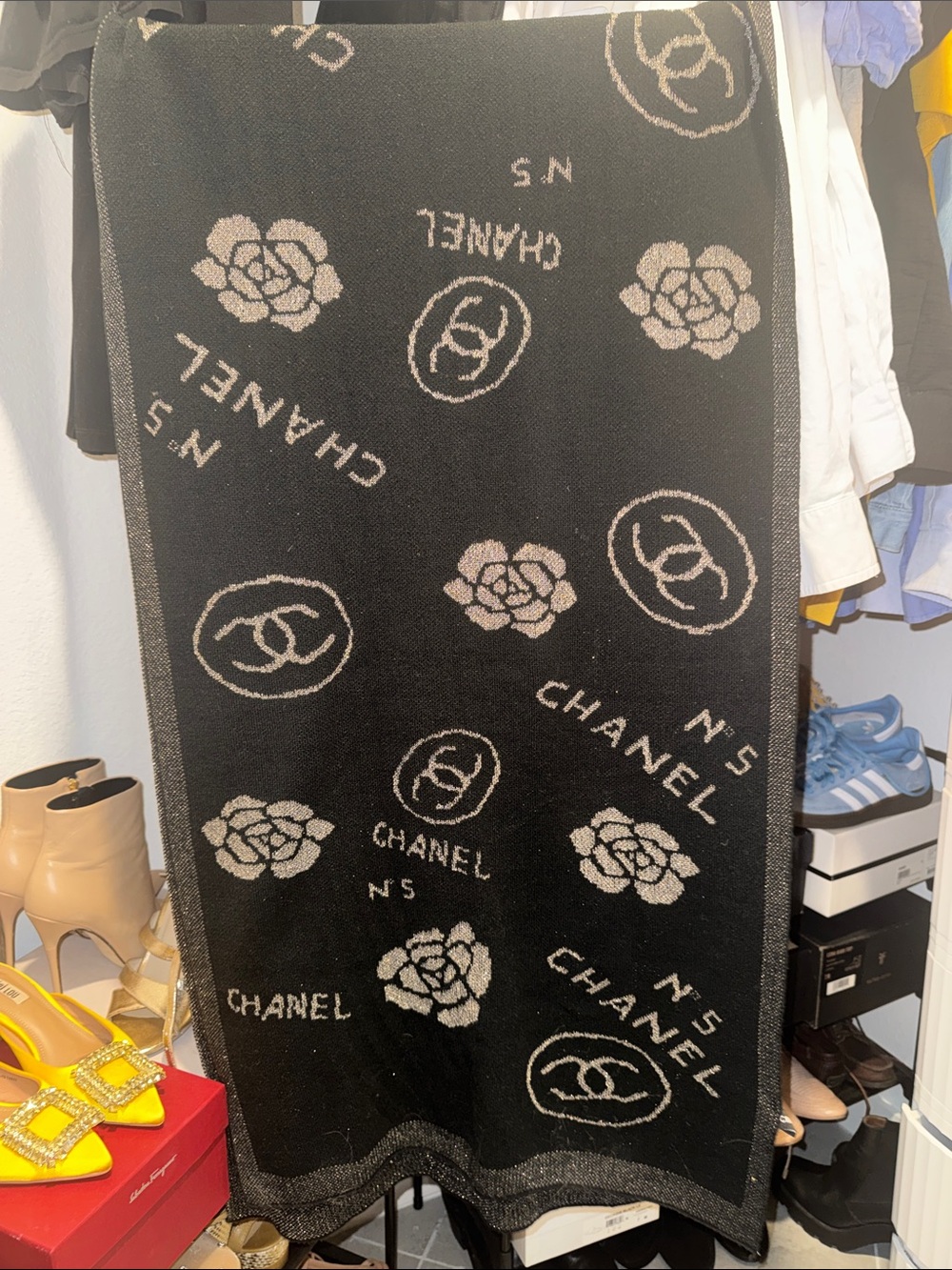 CHANEL Black and Silver Logo & Camellia Scarf MAKE OFFER